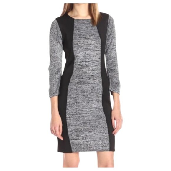 Calvin Klein 2X Grey White Black Marled Scuba Contrast 1/2 -3/4 Sleeve Dress - Picture 1 of 6